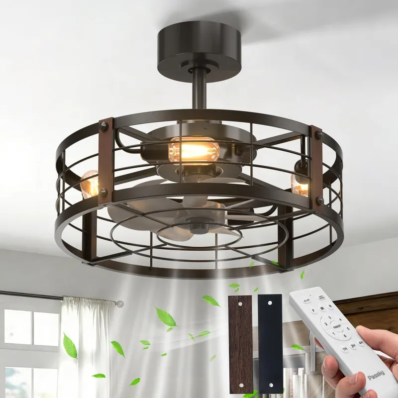 Passky 20 Inch Farmhouse Caged Ceiling Fans with Lights and Remote